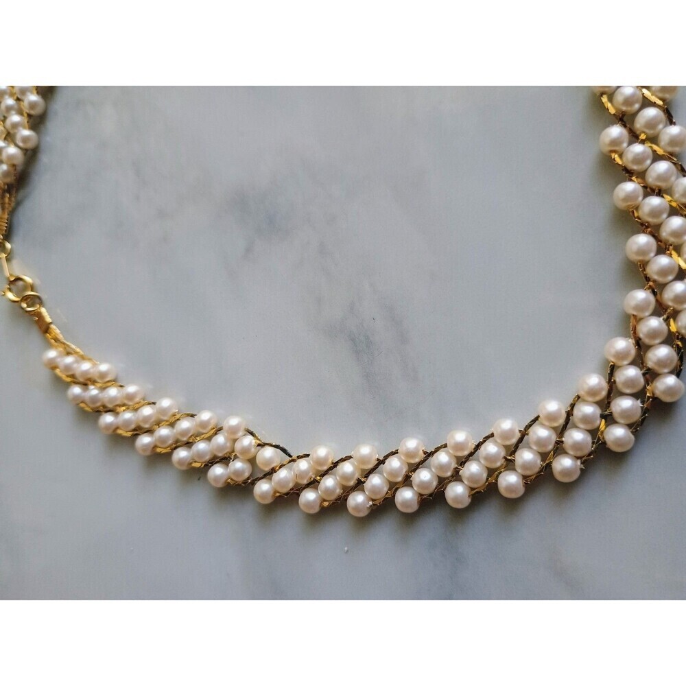 Vintage Women's Faux Pearl Four Chain Braided Gold Tone Necklace - Picture 3 of 5